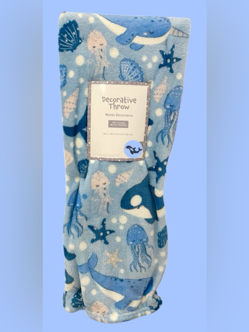 Ocean Play Whales Jellyfish Starfish Plush Decorative Throw Blue White 50x60 NWT